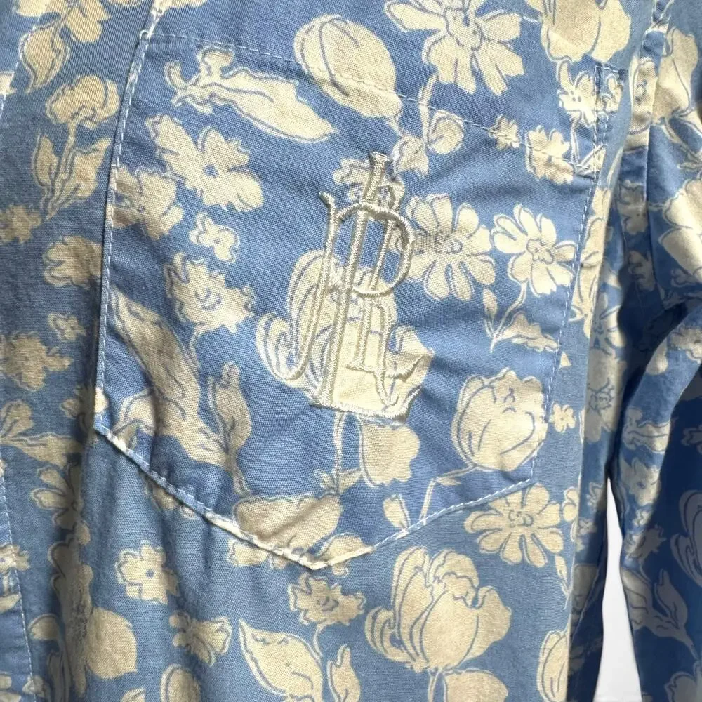 Lauren Ralph Lauren Cotton Button Up Night Shirt Sleep Blue White Floral Medium